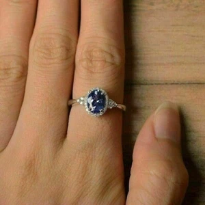 1.90 Ct Round Lab-Created Blue Sapphire and CZ Halo Engagement Ring 925 Silver - Picture 1 of 7