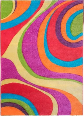 Multicolour Rug Rainbow Swirls Design Hand Carved Pile 3D Texture Bright Vivid - Image 1 of 4