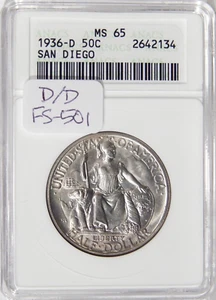 1936-D/D SAN DIEGO 50c ANACS MS 65 ~ FS-501 SILVER COMMEMORATIVE HALF DOLLAR RPM - Picture 1 of 2