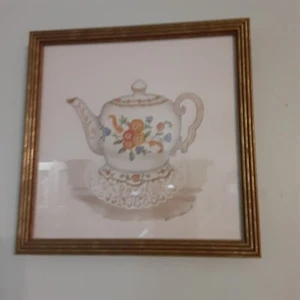 Martha Hinson Framed Matted Flowered Teapot Print 9 X 9 Inches - Picture 1 of 3