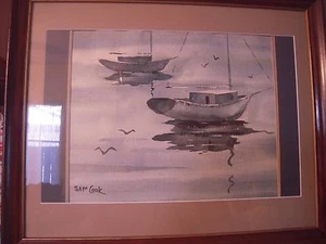 Sam Cook 1917-99 Auténtica Acuarela Pintura "Plana Calma" Barcos Firmados en Tierra - Imagen 1 de 12