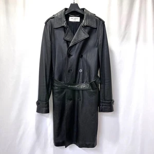 Used 2015 Yves Saint Laurent Leather Trench Coat Size 44 Black Length 94cm - Picture 1 of 8