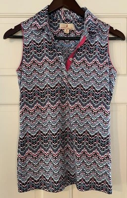 Polo de golf deportivo Haley para mujer azul/rosa a rayas sin mangas talla XS Foto 1 de 2