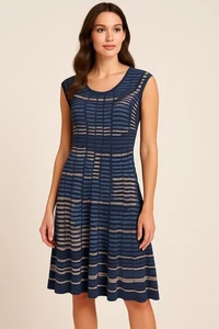 NIC+ZOE ärmelloses Fit & Flare Strickkleid blau beige Streifenmuster Neu mit Etikett L - Bild 1 von 3