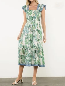 THML Tiered Midi Dress Size Small Green Paisley Flowy Lightweight Bohemian - Picture 1 of 8