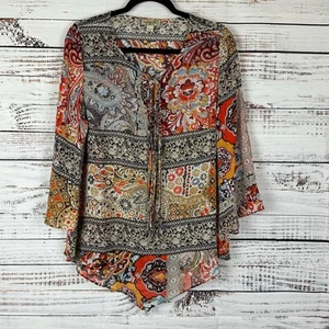 VTG Y2K One World Floral Patchwork Print Bell Sleeve Boho Artsy Flowy Top Sz M - Picture 1 of 9