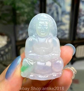 1.8" Old China Natural Emerald Jadeite Jade Carved Guan Yin goddess Pendant - Picture 1 of 6
