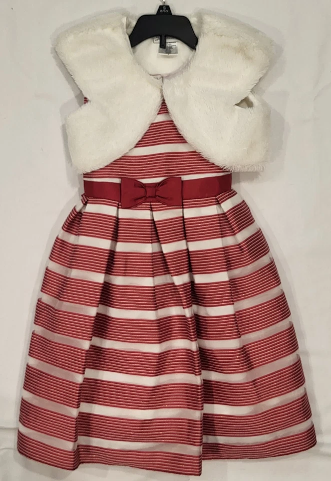 Vestido de vacaciones Jona Michelle para niñas jóvenes talla 6 rojo/blanco a rayas con chaqueta de piel Foto 1 de 4