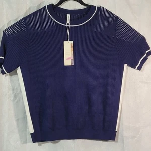 Suéter Dokotoo XL Azul Marino/Blanco Tejido Abierto Ligero Manga Corta Preppy - Imagen 1 de 6