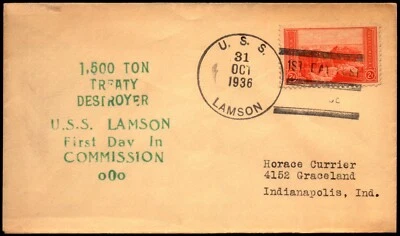 1936 USS Lamson Commissioned Day Navy Cover - L36358 - Image 1 of 2