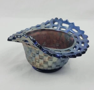Vintage Blue Carnival Glass Bowl Open Basket Weave Design Grape Inlay - Picture 1 of 9