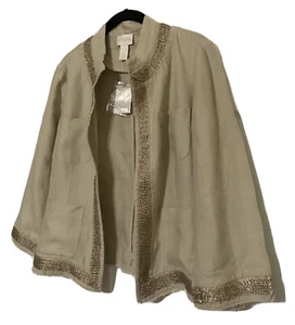Chico’s Größe 1 Damen 8/M Leinen Jacke Metallic Perlenbesatz Khaki Roher Saum Neu mit Etikett - Bild 1 von 8
