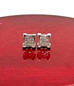 Small Square Mens MicroPave Round Diamond Earrings, 14k White Gold Screw Backs - Picture 1 of 6