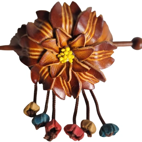 Clipe de cabelo de couro barrette e suporte de rabo de cavalo vara de madeira flor pônei - Imagem 1 de 4