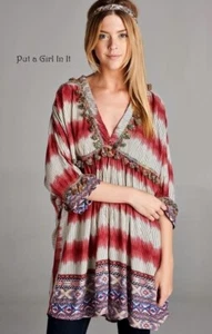 New VELZERA PLUS SIZE Womens AZTEC BOHO GYPSY BABYDOLL POM FRINGE SHIRT TUNIC 1X - Picture 1 of 4