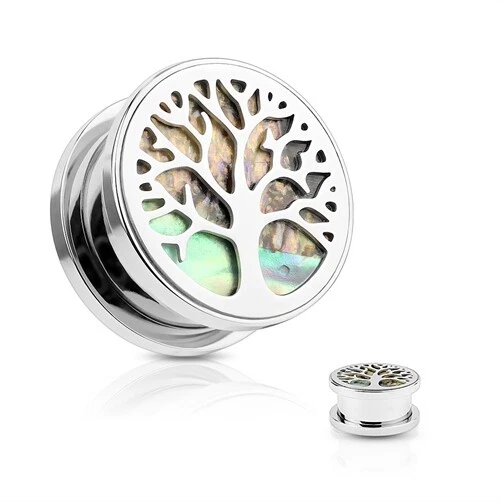 Flesh Tunnel Ohr Piercing Ohrstecker Lebensbaum Perlmutt Inlay Tree of Life - Bild 1 von 1