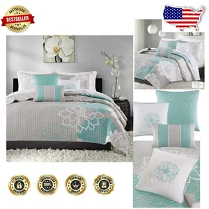 Floral Channel Stitching Quilt Set - Lightweight Cotton 6-Piece Coverlet - Picture 1 of 11