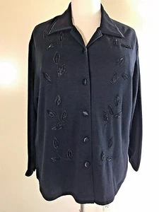FASHION BUG Plus Size 2X Black Knit Cardigan Satin Trim Beaded Leaf Sweater - Picture 1 of 7