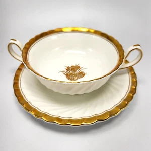 Minton for Tiffany Gold Crocus Cream Soup Bowl and Saucer 4.5in White Floral - Picture 1 of 12