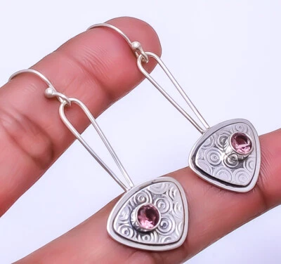 粉色紫水晶设计师手工制作 925 纯银耳环 2.07" E_9345_127_23 — 第 1/3 张图片