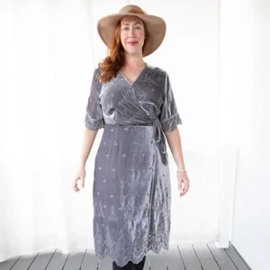 Johnny Was VELVET DRESS Lola Wrap Midi Dress Grey / Lavender XL 14- 16 HOLIDAY - Picture 1 of 6