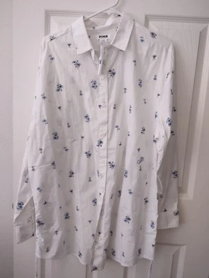 NUEVO CON ETIQUETAS Victoria's Secret ROSA Algodón Popelina Cubrir Camisa Blanco Azul Floral M Foto 1 de 4