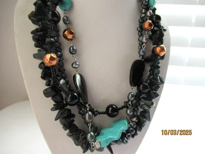 Vintage Black Onyx Chip Freshwater grey Pearl  Multi strand Necklace - Image 1 of 3