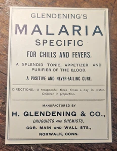 Ungewöhnliches medizinisches Flaschenetikett Glendening Malaria spezifische Heilung Norwalk CT - Bild 1 von 1