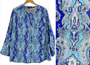Elementz Tunic Blouse Top Sz 2X Blue White Paisley Print Boho Romantic Peasant - Picture 1 of 14