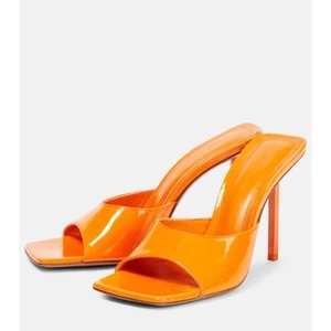 Amina Muaddi Laura 65 Patent Leather Heeled Mule Sandals Orange Size EU 38 US 8 - Picture 1 of 16
