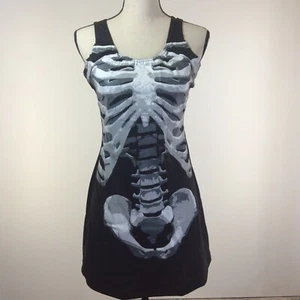Damen Erwachsene Halloween Skelett Kostüm Kleid schwarz und Knochen Einheitsgröße - Bild 1 von 12