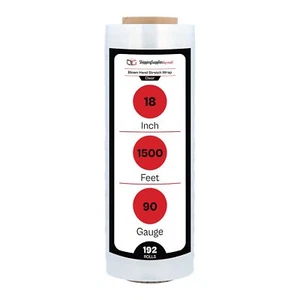 192 Pack Clear 18"x1500' Stretch Wrap 90 Gauge Hand Cling Shrink Film Blown - Picture 1 of 8