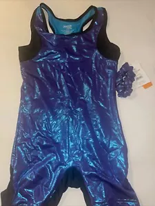 Danskin Now Girls Biketard With Foil Racerback W Matching Scrunchie Blue/Black - Picture 1 of 7