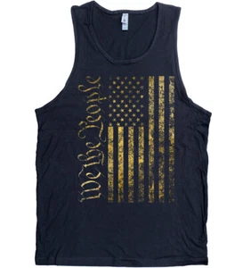 We the People American Flag Distressed GOLD Ink Screen Print on Men's Tank Top - Picture 1 of 1