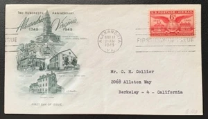 1949 FIRST DAY ISSUE ALEXANDRIA VIRGINIA BICENTENNIAL ALEXANDRIA V.A. SCOTT #C40 - Picture 1 of 2