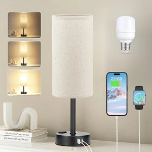 Beige Touch Table Lamp for Bedroom - 3 Way Dimmable Bedside Lamp USB C Charging - Picture 1 of 12