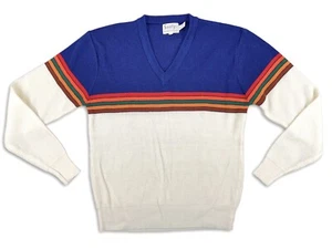 1970s Sarby V-Neck Sweater L Stripe Acrylic Knit Colorblock Pullover Korea - Picture 1 of 14