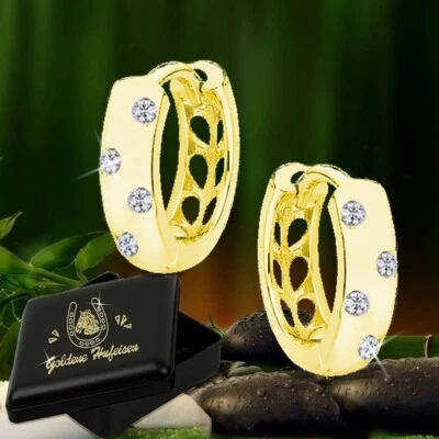 13mm Klappcreolen 925 Sterling Silber vergoldet mit Zirkonia Ohrringe Gold GR05 - Bild 1 von 2