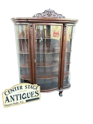 63003 Antique Mahogany Bow Glass Curio China Cabinet with Northwind Face - Image 1 of 4