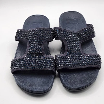 Fitflop Slinky Rokkit 黑色麂皮绒串珠厚底凉鞋 8 码 — 第 1/4 张图片