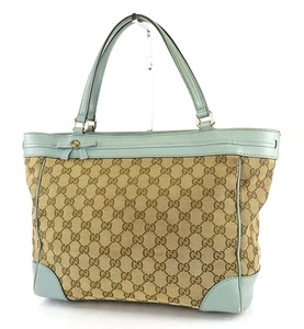 Auth GUCCI Brown GG Canvas and Blue Leather Mayfair Tote Bag Purse #58999 - Picture 1 of 19