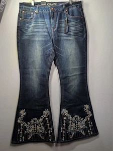 Grace In LA Jeans Flare High Rise Western Embroidered Stretch Boot Rodeo 34 NWT - Picture 1 of 13