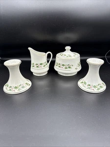 Vintage Set Porzellan Geschirr Milchkännchen & Zuckerdose/Deckel & 2 Kerzenhalter EUC - Bild 1 von 16