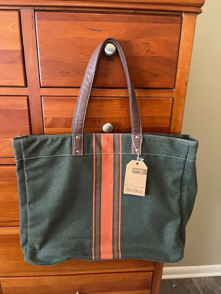 NWT Maika Everyday Tote Bag Canvas Green Orange Stripe 18" Utility - Image 1 of 4