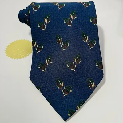 "Corbata de seda azul oscuro vintage Giorgio Armani con hojas verdes y marrones 56x4"" nueva sin etiquetas" Foto 1 de 4