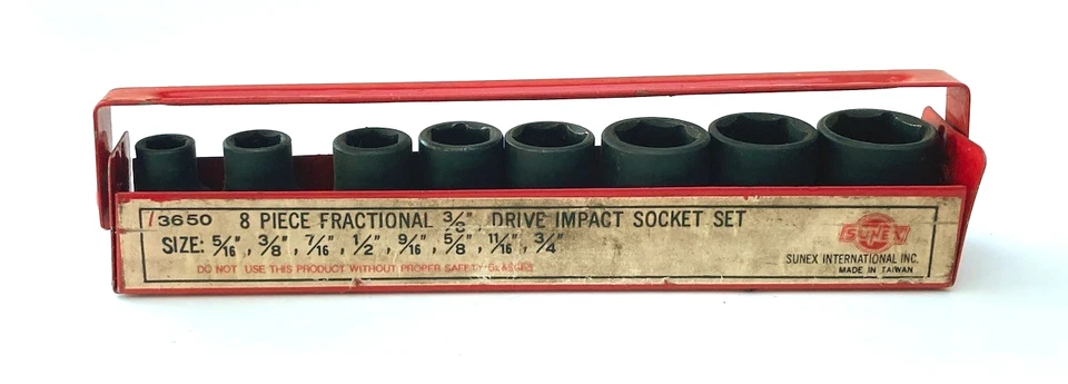 VINTAGE Sunex 8 piece fractional 3/8" drive impact socket set metal carrier 3650 - Image 1 of 4