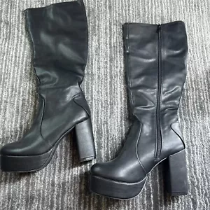 Knee High Boots Womens 8 Side Zipper Platform Chunky Heel Black Sexy Club Wear - Picture 1 of 16