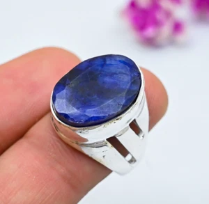 Blue Sapphire Lab-Created Gemstone Handmade 925 Sterling Silver Jewelry For Ring - Picture 1 of 5