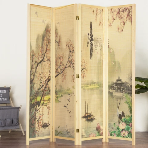 Asian-Inspired Bamboo-Screen 4-Panel Room Divider with Cherry Blossom Scene Cover