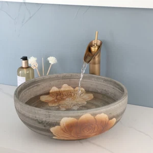 Hand Painting Bathroom Ceramic Basin Vessel Sinks Mixer Brass Faucet Drain Set - Picture 1 of 10
